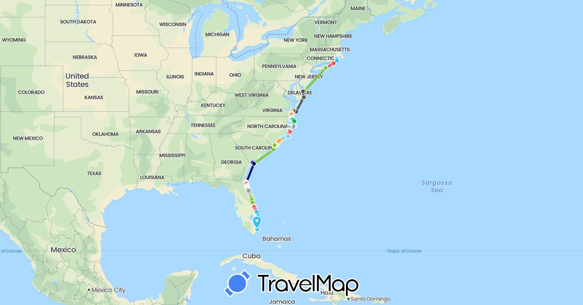 TravelMap itinerary: driving, bus, plane, cycling, hiking, boat, hitchhiking, motorbike, electric vehicle in United States (North America)